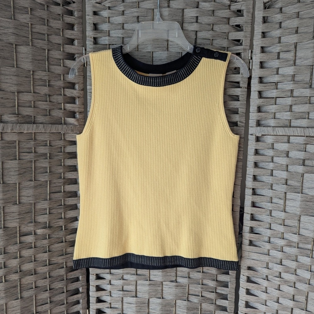 Vtg 90s Knit Sweater Tank Top Ribbed Yellow Black Polka Dot Trim Lg Preppy Mod